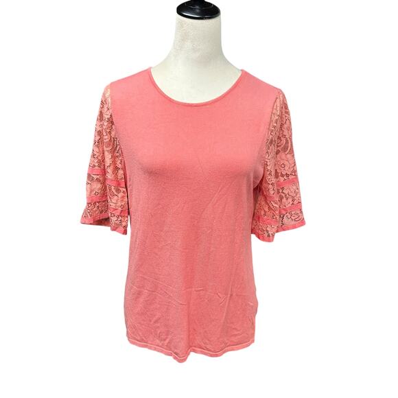 Romantic Lace Sleeve Top Roz & Ali Coral Feminine Modern Vintage M - Picture 1 of 7